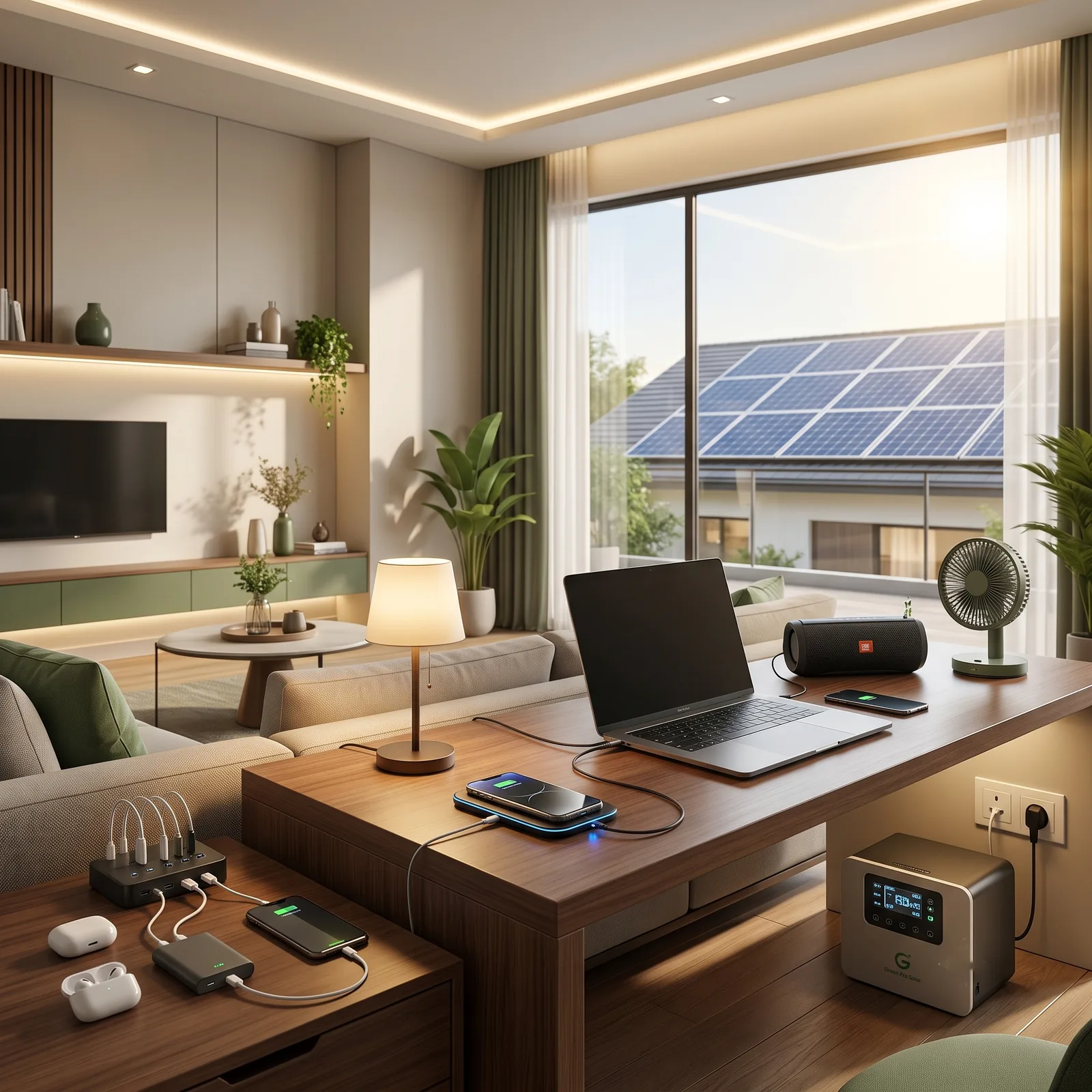 A home interior lit using a solar home lighting system.
