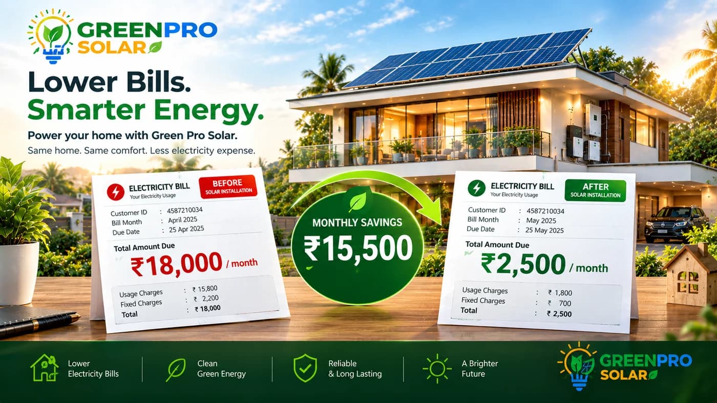 Before-and-after electricity bill comparison showing lower monthly costs after Green Pro Solar installation.