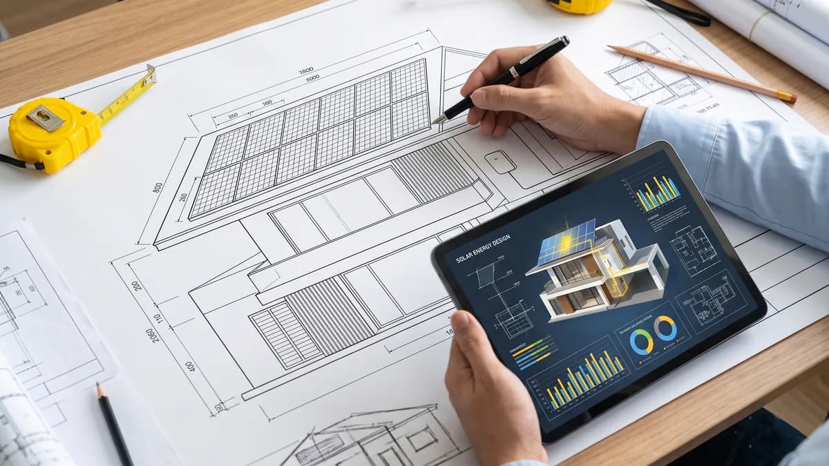 An engineer reviewing rooftop solar panel layout plans on paper and on a tablet.