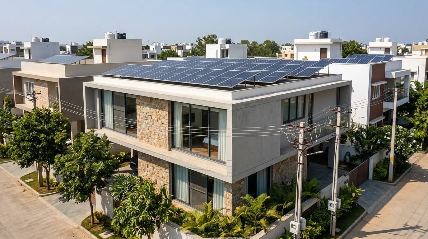 A home with a rooftop on-grid solar array under daylight.