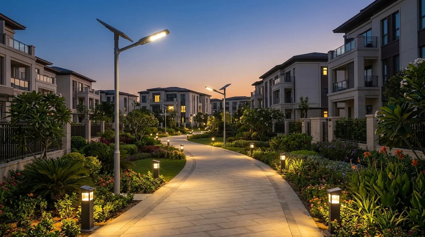 Outdoor solar lighting illuminated at night.