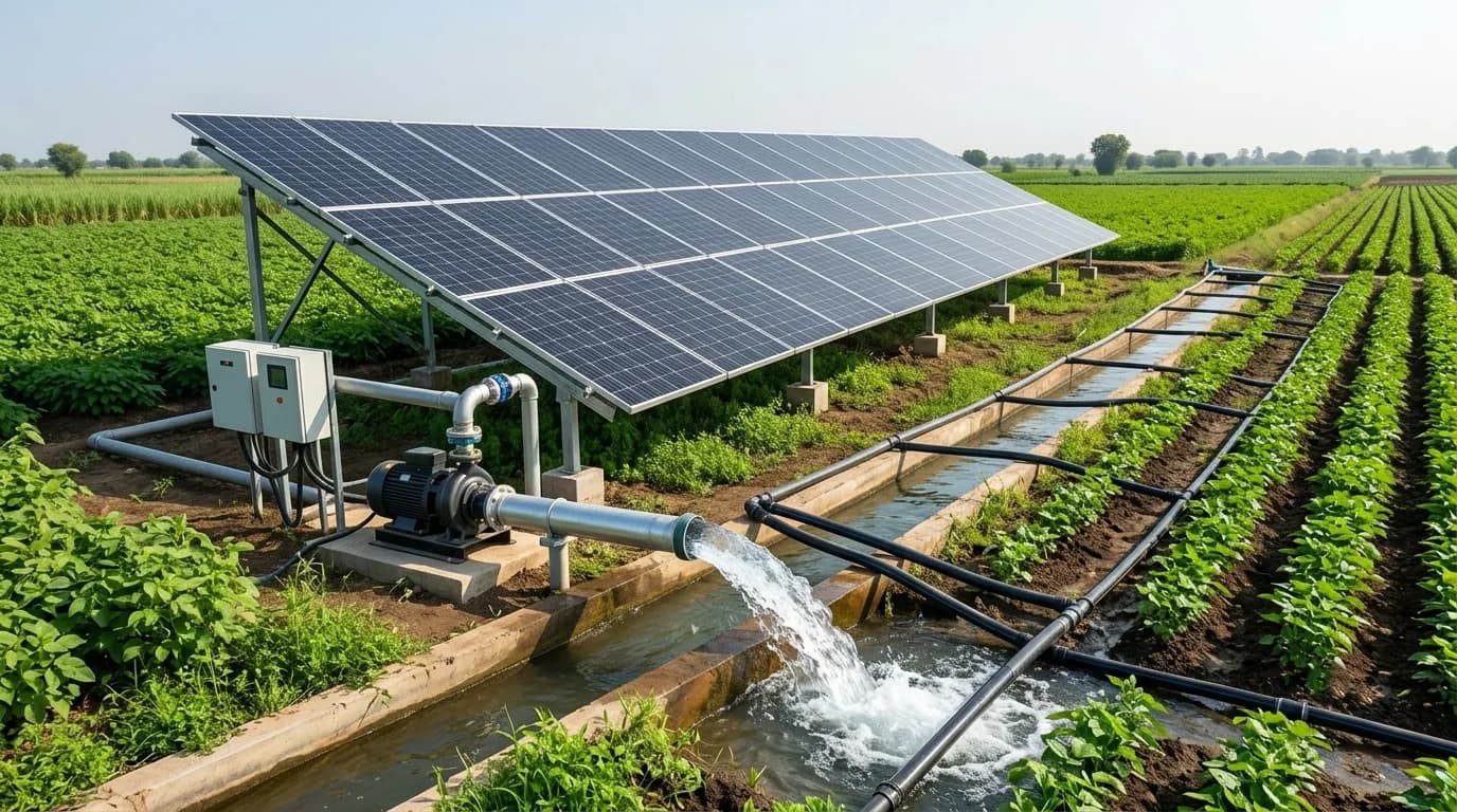 Solar panels installed near a water pumping setup.