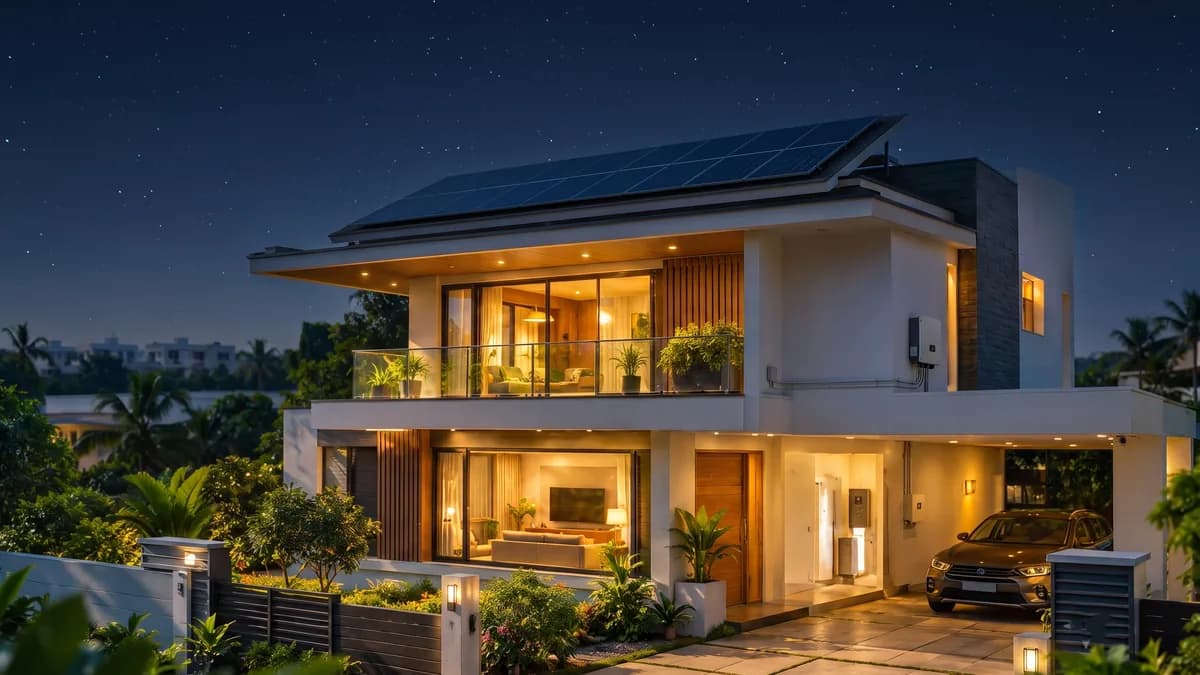 A home with rooftop solar panels lit up at night.